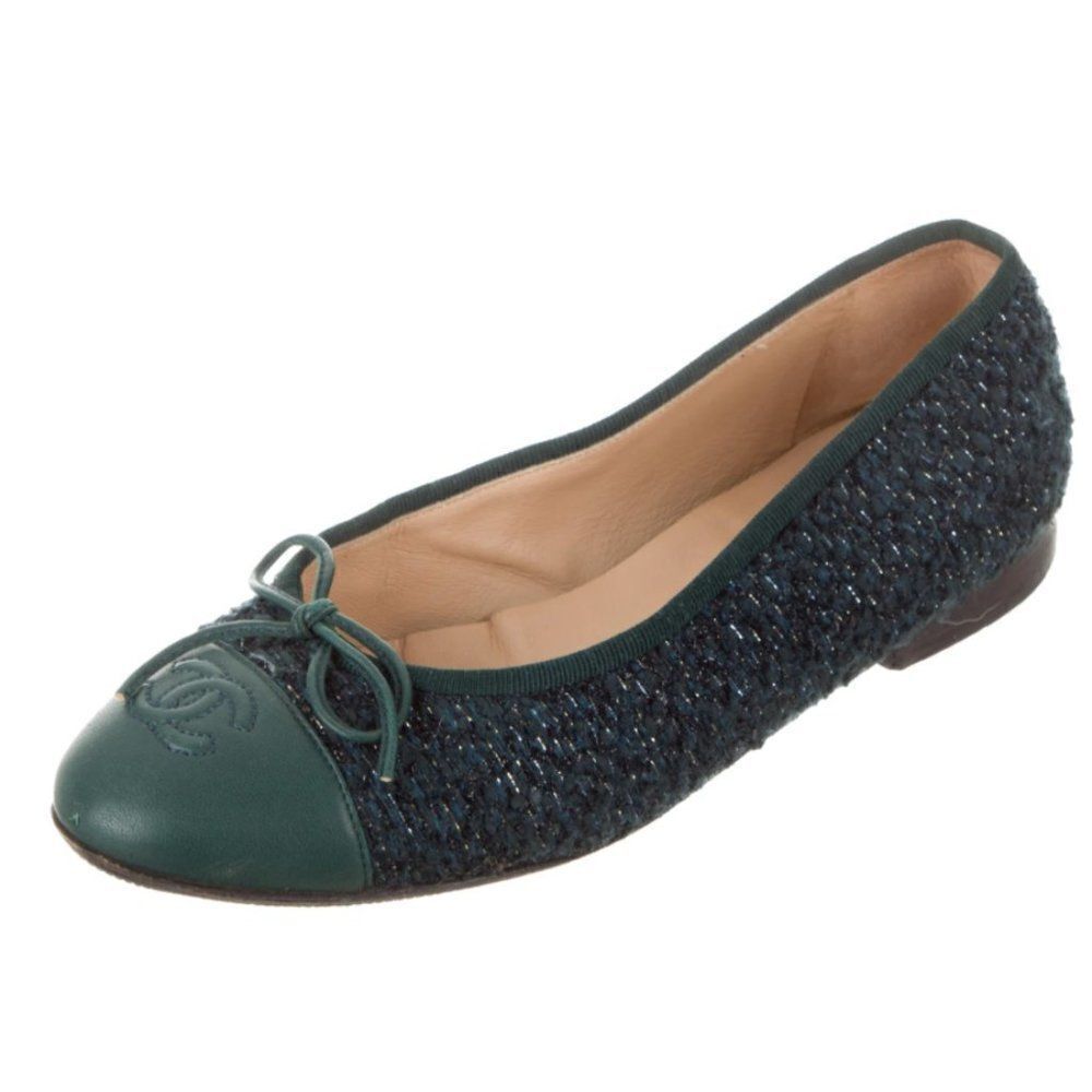 CHANEL CC Tweed Cap-Toe Green Flats sz 7 - Picture 3 of 4